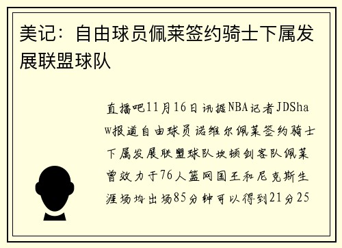 美记：自由球员佩莱签约骑士下属发展联盟球队