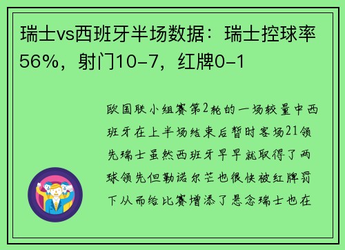 瑞士vs西班牙半场数据：瑞士控球率56%，射门10-7，红牌0-1